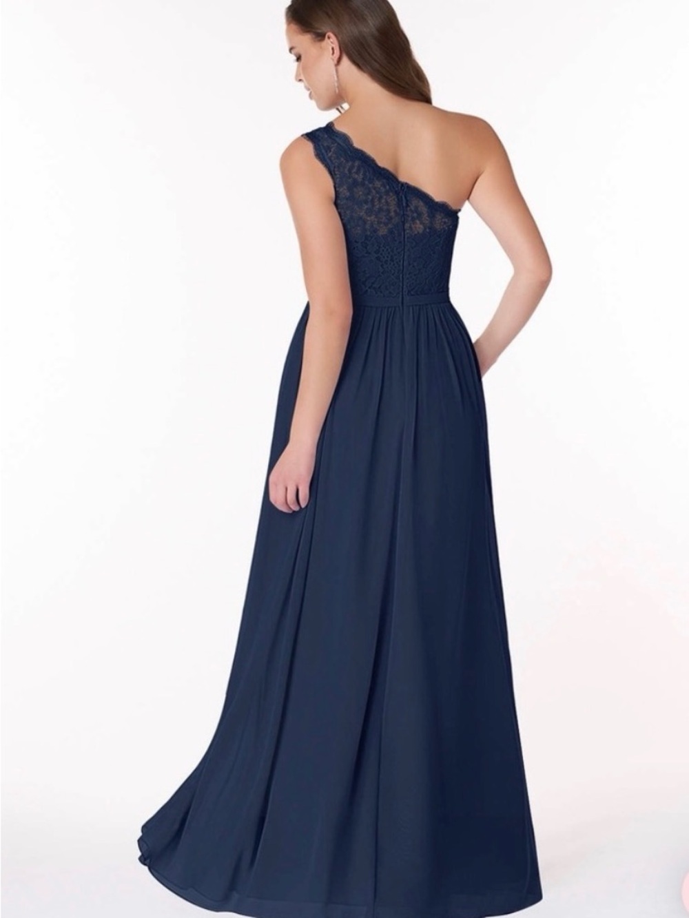Azazie Demi navy One-Shoulder Lace & Chiffon A line Evening Dress w/ pockets - Picture 2 of 8